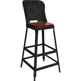 1901 30" High Metal Bar Stool with Back & Wood Seat, Vulcan Black Powder Coat