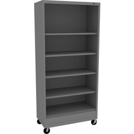 Welded Bookcase with Casters, 36"W x 18"D x 78-1/2"H, 5 Openings, Medium Gray