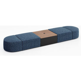 4 Person Modular Seating with Studio Teak Table & Power Outlet, Connelly Blue Jay Fabric
