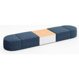 4 Person Modular Seating with Natural Table & Power Outlet, Connelly Blue Jay Fabric