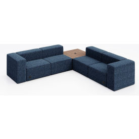 4 Person Corner Sofa with Studio Teak Table & Power Outlet, Connelly Blue Jay Fabric