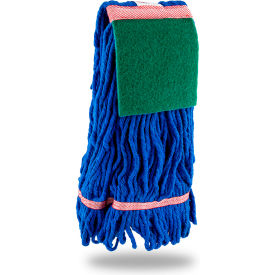 Commercial Large Blended Looped-End Wet Mop Head w/ Scrub Pad Brick, Blue, 12/Pack