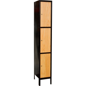 3-Tier Metal-Wood Hybrid Locker, 12"W x 18"D x 78", 708 Midnight Ebony, Assembled