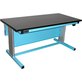 Electric Height Adj. Workbench, Black Chem-Guard, 60"W x 30"D, Light Blue Frame