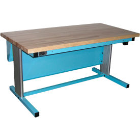 Ergoline Electric Height Adj. Workbench, Maple Butcher Block Top, 60"Wx30"D, Light Blue Frame