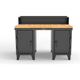 Double Pedestal Shop Desk with Riser & Drawer, 60''W x 36''D, Black