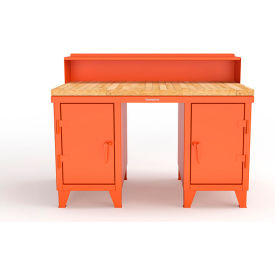 Double Pedestal Shop Desk with Riser & Drawer, 60''W x 36''D, Orange