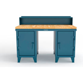 Double Pedestal Shop Desk with Riser & Drawer, 60''W x 36''D, Blue