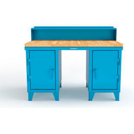 Double Pedestal Shop Desk with Riser & Drawer, 60''W x 36''D, Light Blue