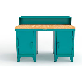 Double Pedestal Shop Desk with Riser & Drawer, 60''W x 36''D, Teal