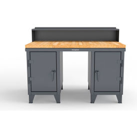 Double Pedestal Shop Desk with Riser & Drawer, 60''W x 36''D, Dark Gray