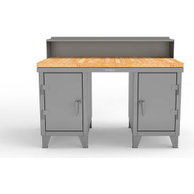 Double Pedestal Shop Desk with Riser & Drawer, 60''W x 36''D, Dusty Gray