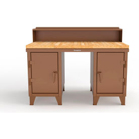 Double Pedestal Shop Desk with Riser & Drawer, 60''W x 36''D, Brown