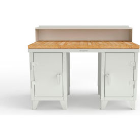 Double Pedestal Shop Desk with Riser & Drawer, 60''W x 36''D, White