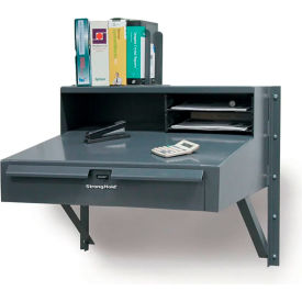 Strong Hold Wall Mounted Shop Desk with Riser Shelf, 30"W x 28"D, Dark Gray