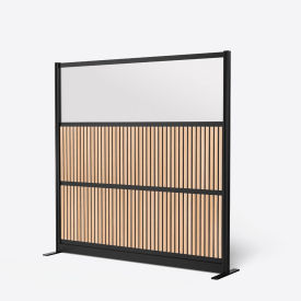 Modular Room Divider, Wood Slats & Frosted Acrylic, 70"W x 70"H, Brown/Black