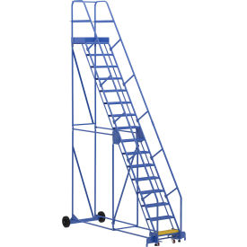 16 Step Steel Rolling Ladder, 58 Degree, 24"W Perforated Step, 350 lb Capacity