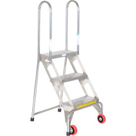 3 Step Folding Rolling Ladder, Perforated, 350 lb Capacity, Blue
