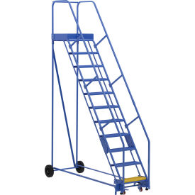 11 Step Steel Rolling Ladder, 58 Degree, 24"W Perforated, 350 lb Capacity