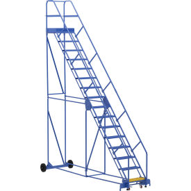16 Step Steel Rolling Ladder, 50 Degree, 24"W Perforated Step, 350 lb Capacity