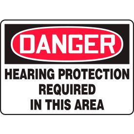 Safety Sign, Danger Hearing Protection Required In This Area, 10"x14", Adhesive Poly