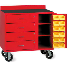 Mobile Utility Bin Cabinet w/4 Drawers & 12 Bins, 14 Ga., 41"Wx22"Dx36"H, Red