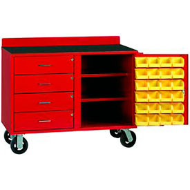 Mobile Utility Bin Cabinet w/4 Drawers & 24 Bins, 14 Ga., 51"Wx22"Dx36"H, Red