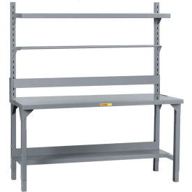 HD Adj. Height Packaging Table w/Bin Rail, Roll Goods Holder, Lower Shelf, 72"Wx30"D