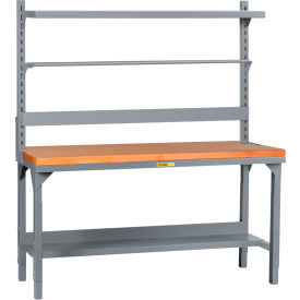 Heavy-Duty Adj. Height Butcher Block Packaging Table w/Bin Rail, Shelf, 60"Wx30"D