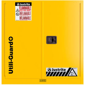 Utili-Guard+ Flammable Cabinet, Self Close, 30 Gal, 43"W x 22"D x 44"H, Yellow