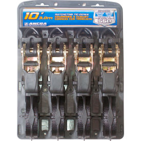 Cargo Strap Assy Ratchet Buckle w/vinyl S-Hooks, 1" x 10', Black, Pack of 4