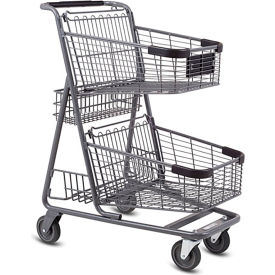 Shopping Cart with Rear Basket & Rear Lower Tray, 3.99 Cu. Ft. Capacity, Metallic Gray