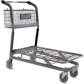 Nesting Flatbed Cart with Wire Utility Basket & Black Plastic Accessories, Metallic Gray