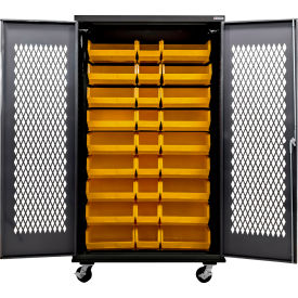 Configurable Ventilated Mobile Charging Cabinet, Black, 48"W x 24"D x 85"H, 30 Yellow Bins