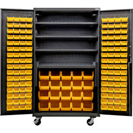 Mobile Charging Cabinet, BLK, 48"Wx24"Dx85"H, 4 Shelves, 144 YLW Bins