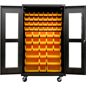 Clear-View Config. Mobile Charging Cabinet, BLK, 48"W x 24"D x 85"H, 66 YLW Bins