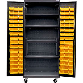 Config. Mobile Charging Cabinet, BLK, 36"W x 24"D x 85"H, 4 Shelves, 96 YLW Bins