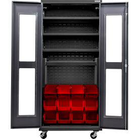 Clear-View Config. Mobile Charging Cabinet, BLK, 36x24x85, 4 Shelves, 12 RD Bins