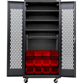 Ventilated Mobile Charging Cabinet, Black, 36x24x85, 4 Shelves, 12 RD Bins