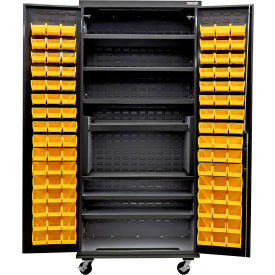 Config. Mobile Charging Cabinet, BLK, 36"W x 24"D x 85"H, 7 Shelves, 96 YLW Bins