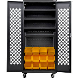 Ventilated Mobile Charging Cabinet, BLK, 36x24x85, 4 Shelves, 12 YLW Bins