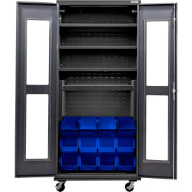 Clear-View Config. Mobile Charging Cabinet, BLK, 36x24x85, 4 Shelves, 12 BL Bins
