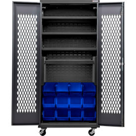 Ventilated Mobile Charging Cabinet, Black, 36x24x85, 4 Shelves, 12 Bins