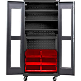 Clear-View Configurable Mobile Charging Cabinet, BLK, 36"Wx24"Dx85"H, 6 Red Bins