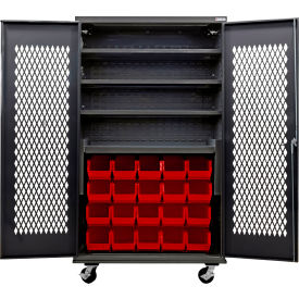 Ventilated Mobile Charging Cabinet, BLK, 48x24x85, 4 Shelves, 24 RD Bins