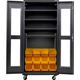 Clear-View Config. Mobile Charging Cabinet, BLK, 36x24x85, 4 Shelves, 12 YLW Bins