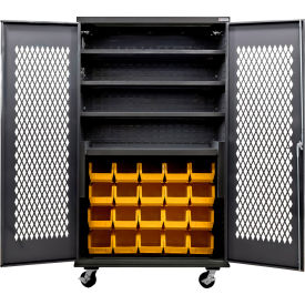Ventilated Mobile Charging Cabinet, BLK, 48x24x85, 4 Shelves, 24 YLW Bins
