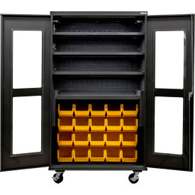 Clear-View Config. Mobile Charging Cabinet, BLK, 48x24x85, 4 Shelves, 24 YLW Bins