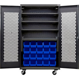 Ventilated Mobile Charging Cabinet, BLK, 48x24x85, 4 Shelves, 24 BL Bins