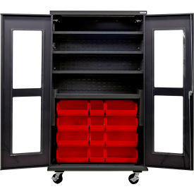 Clear-View Configurable Mobile Charging Cabinet, BLK, 48"Wx24"Dx85"H, 24 Red Bins
